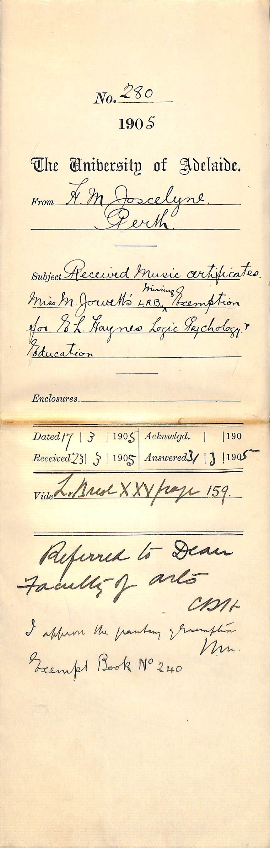 Received Music Certificates Miss M Jowett LAB - Missing Exemption for E L Haynes