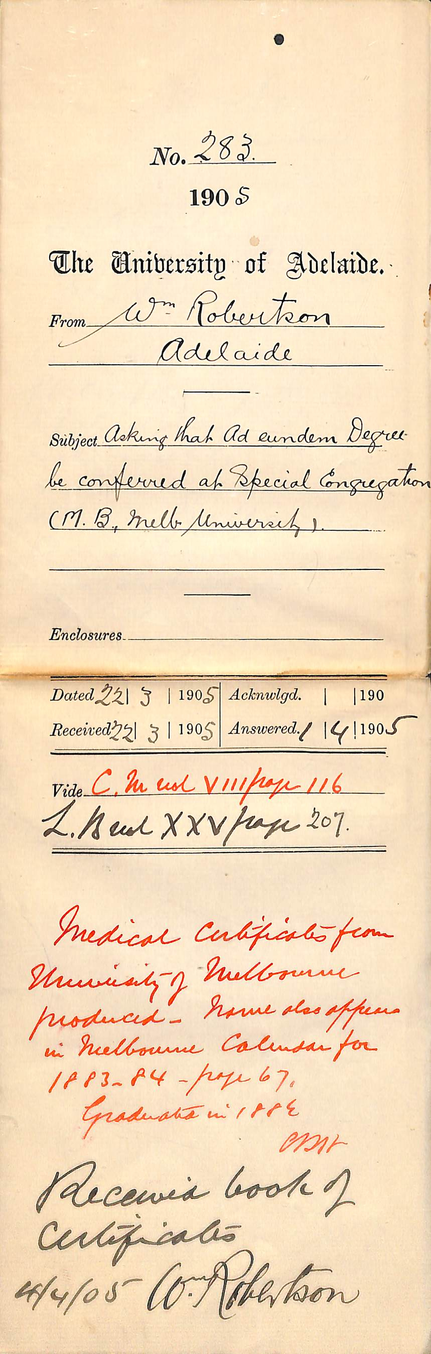 Asking that Ad eundem Degree be conferred at Special Congregation MB Melbourne University