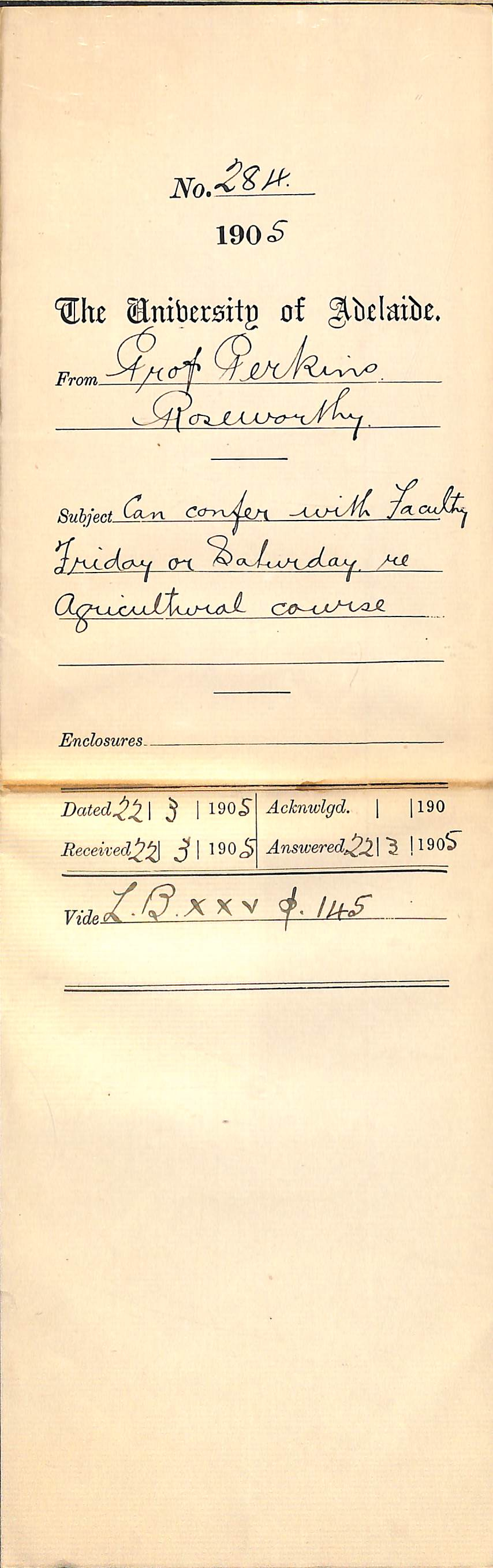 Can confer with Faculty Friday or Saturday re Agricultural Course