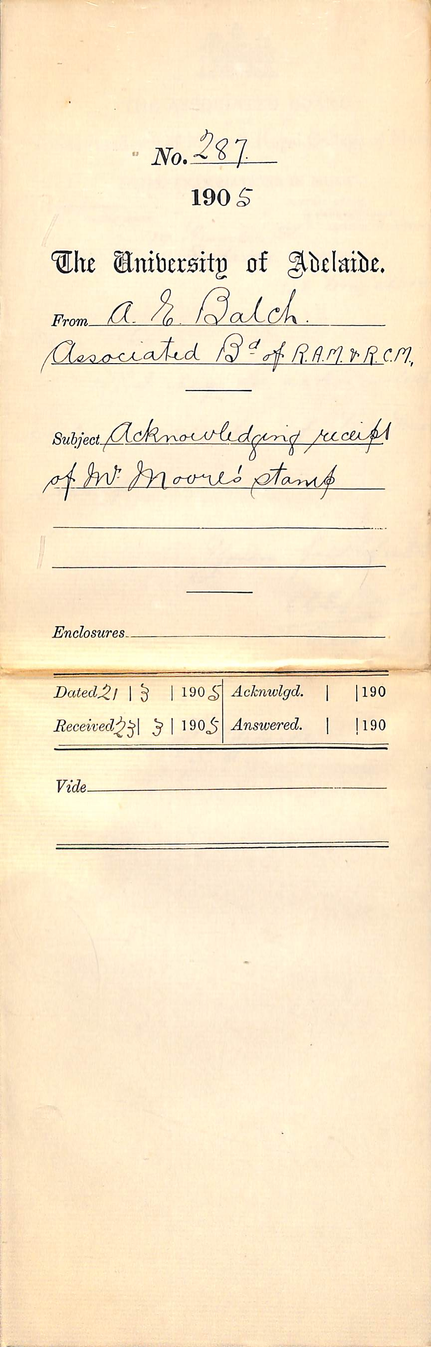 Acknowledging receipt of Mr Moores Stamp