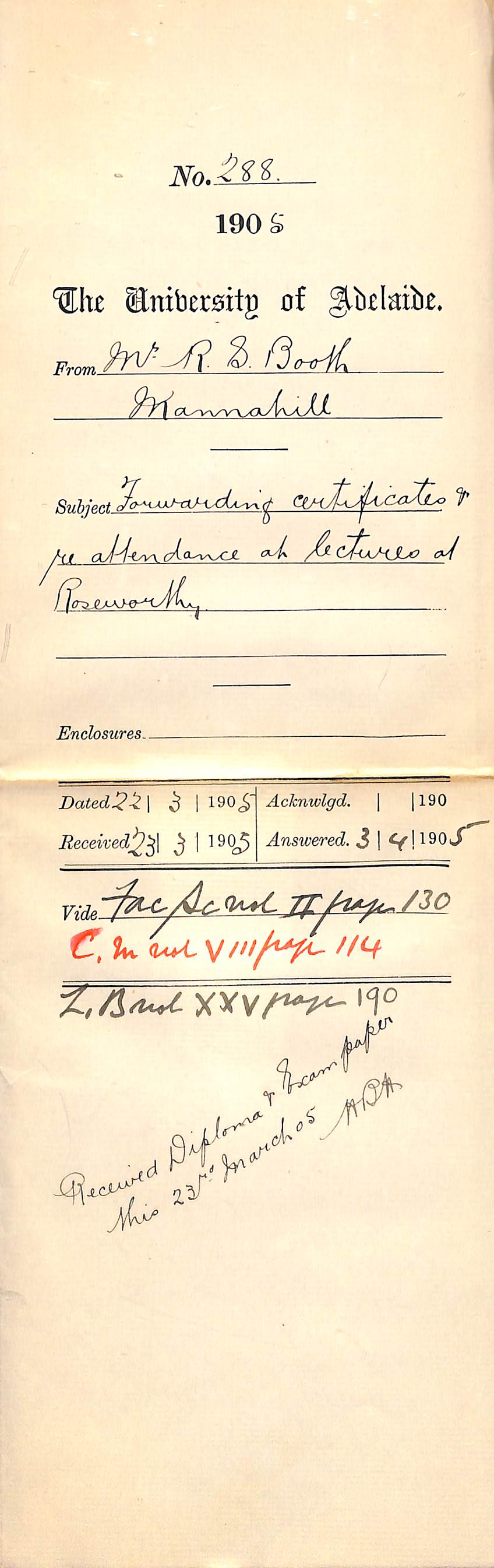 Forwarding Certificates and re attendance at Lectures at Roseworthy