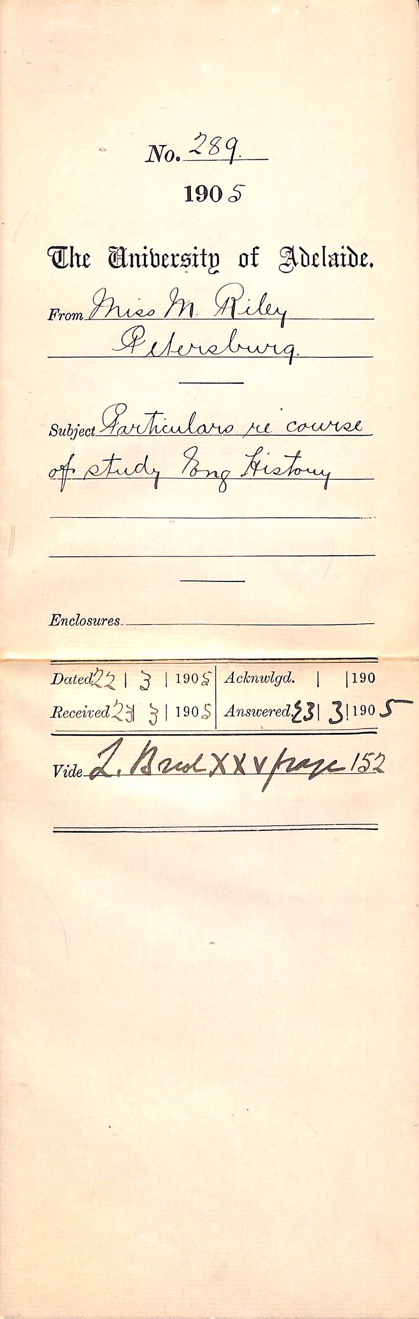 Particulars re Course of Study English History