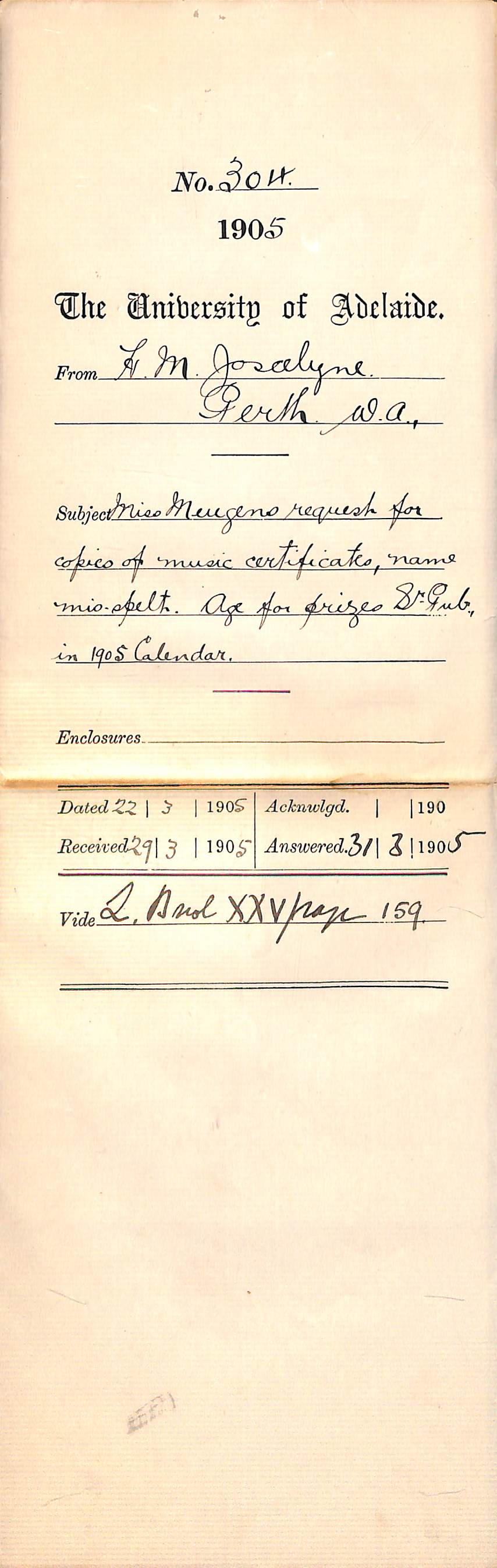 Miss Meugens request for copies of Music Certificates - name misspelt - Age for Prizes Senior Public in 1905 Calendar