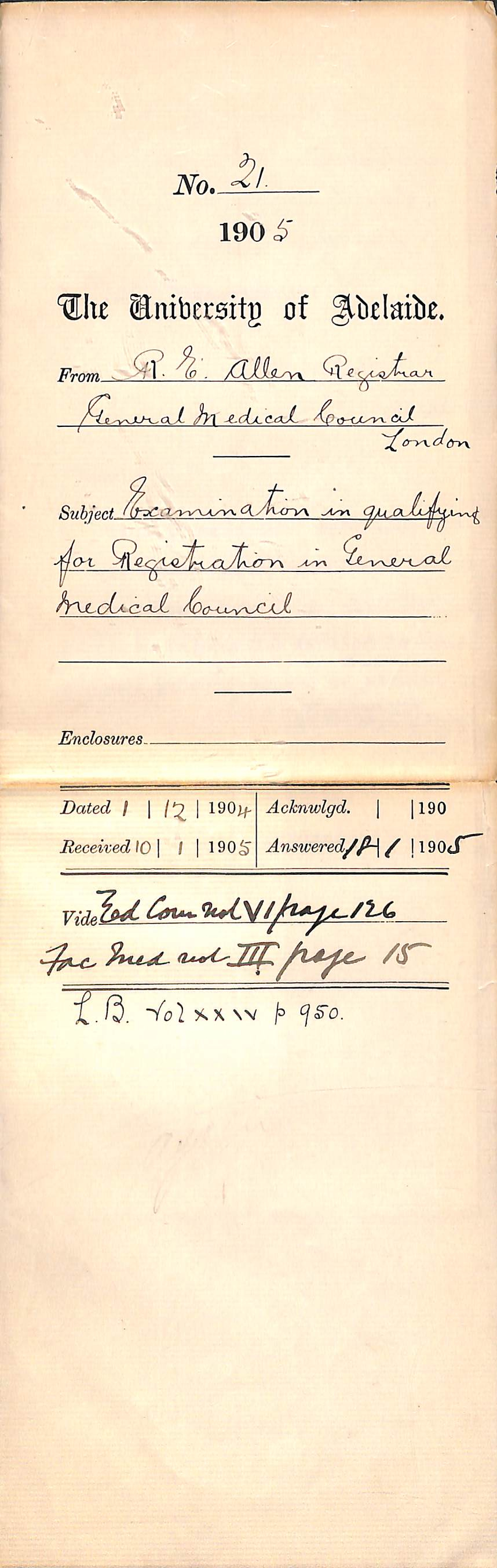 Examination in qualifying for Registration in General Medical Council