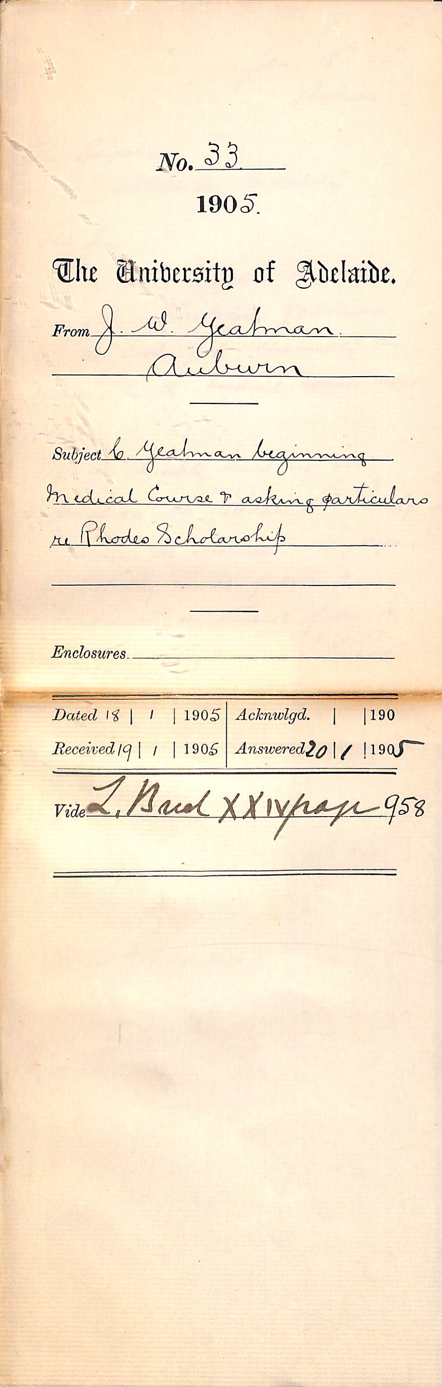 C Yeatman beginning Medical Course and asking particulars and re Rhodes Scholarship