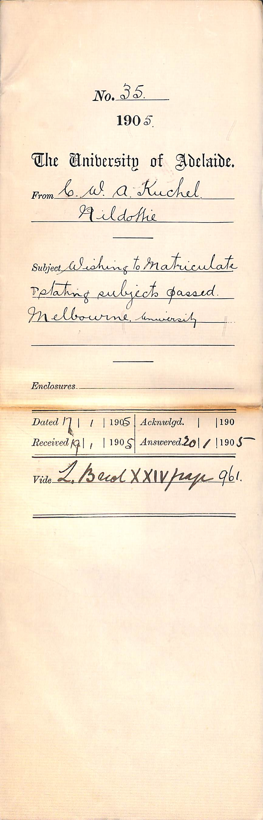 Wishing to Matriculate and stating subjects passed - Melbourne University