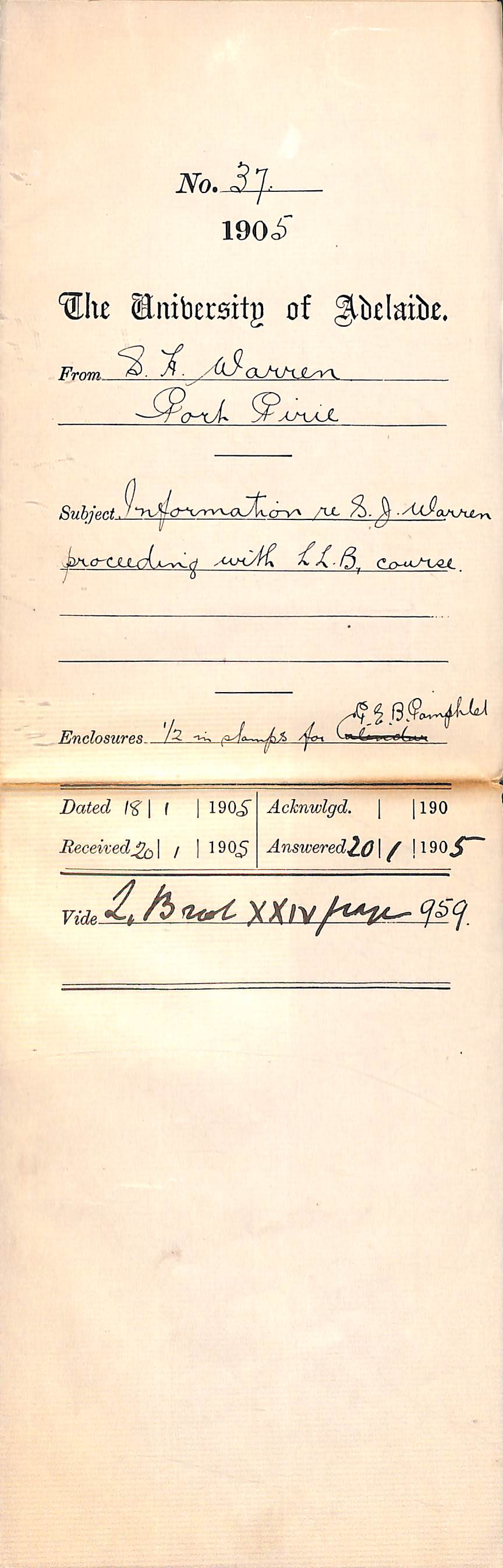 Information re S J Warren proceeding with L L B course