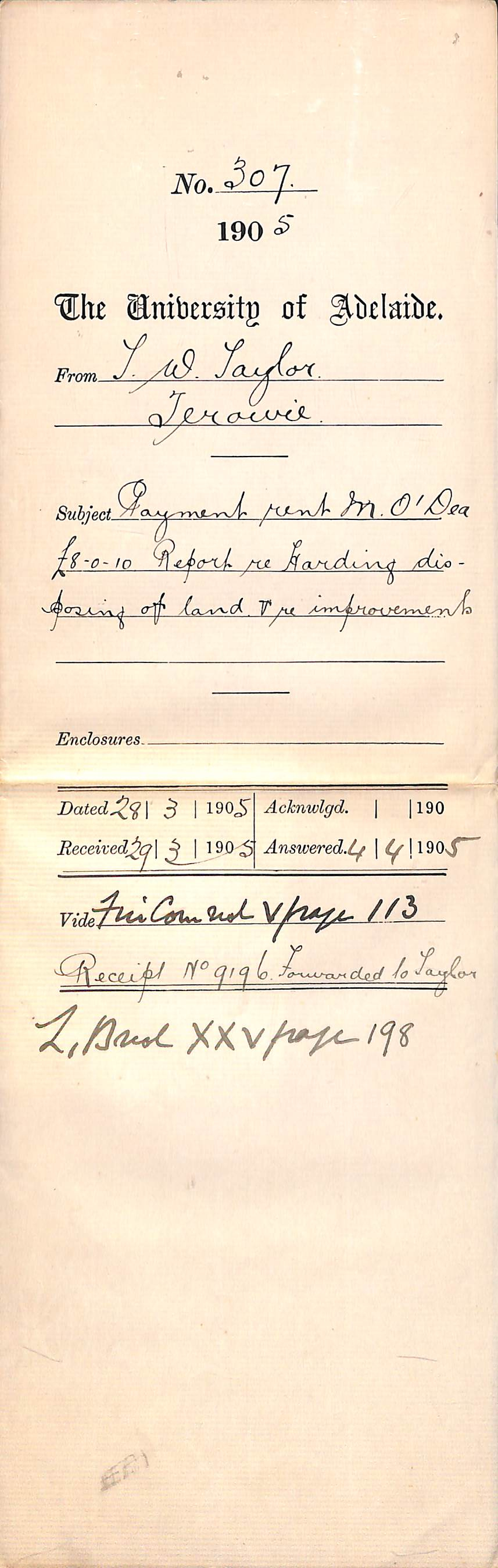 Payment rent M O'Dea 8-0-10 pounds Report re Harding disposing of land and re improvements