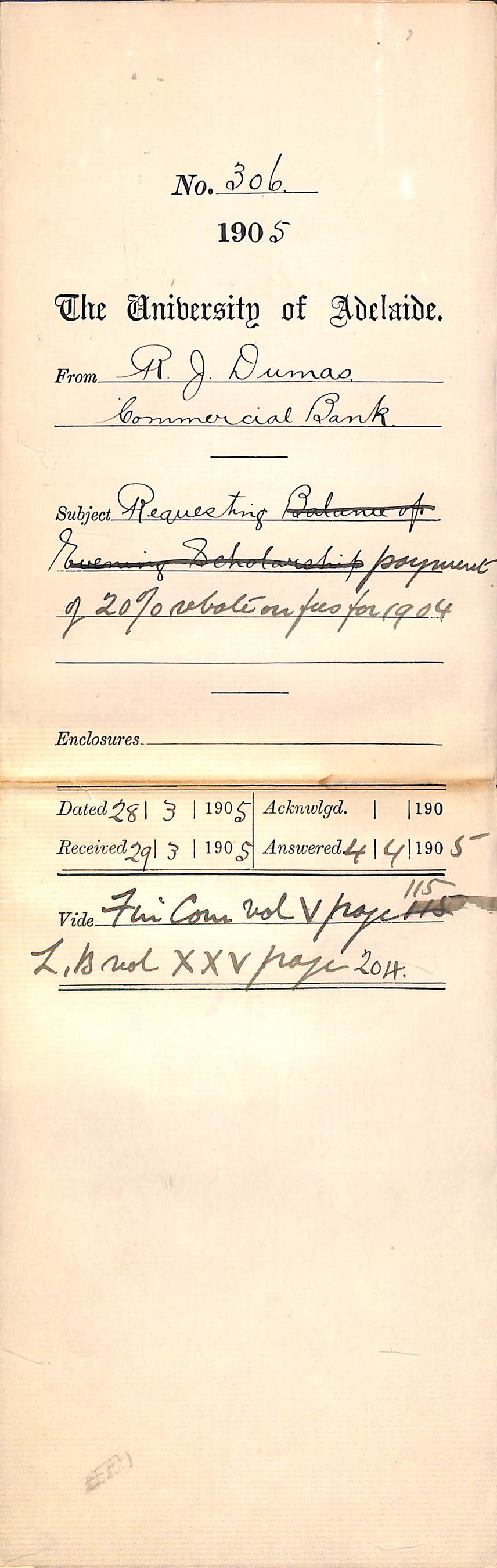 Requesting payment of 20 percent rebate on fees for 1904