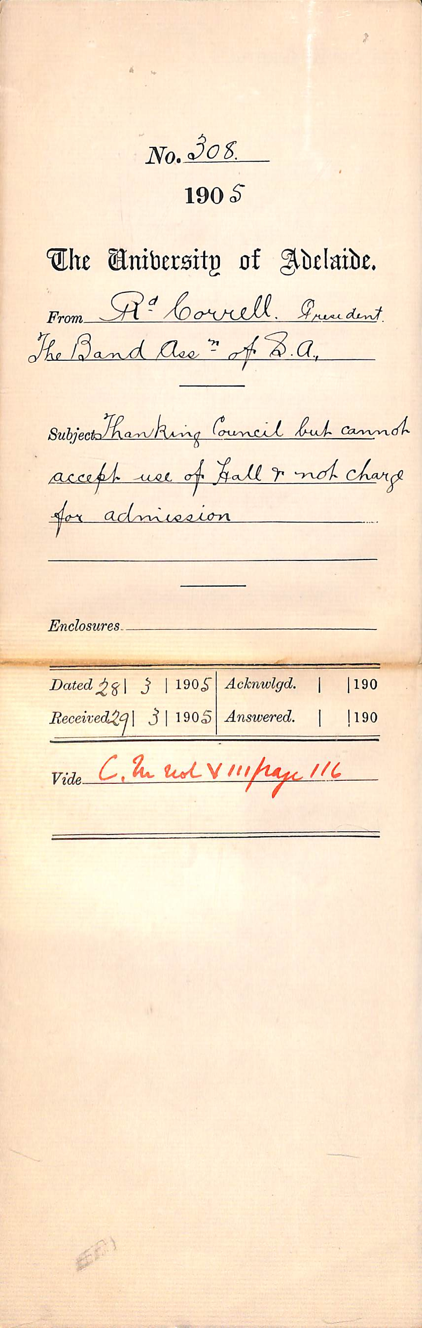 Thanking Council but cannot accept use of Hall and not charge for admission