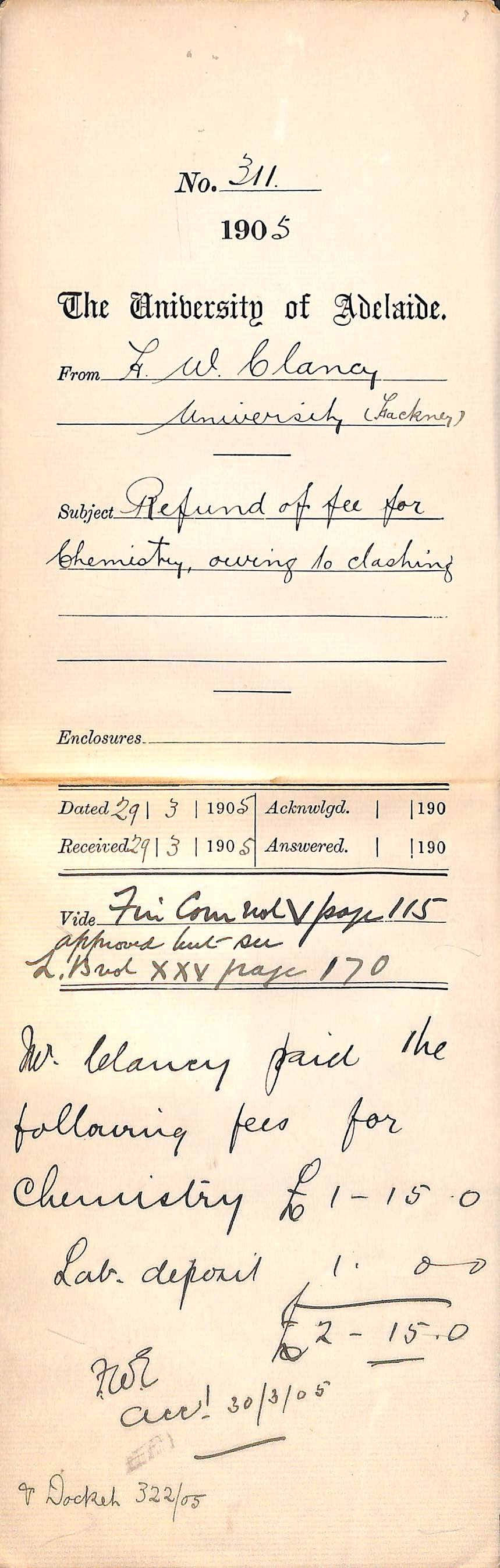 Refund of fee for Chemistry owing to clashing