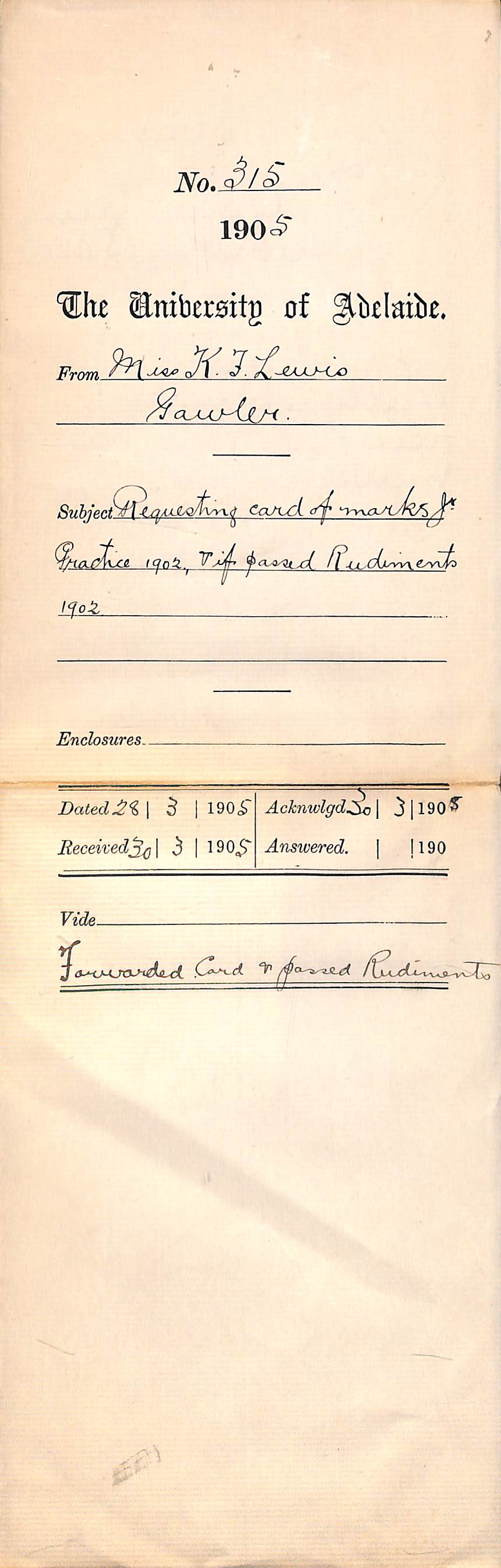 Requesting Card of Marks Junior Practice 1902 and if passed Rudiments 1902
