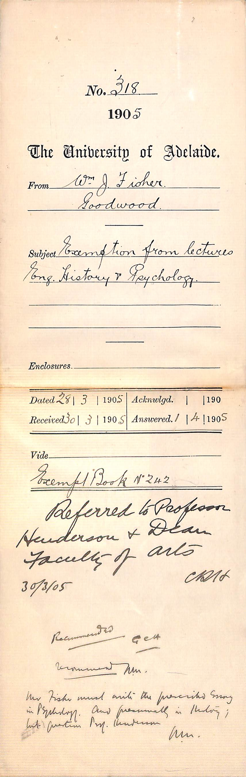 Exemption from lectures English History and Psychology