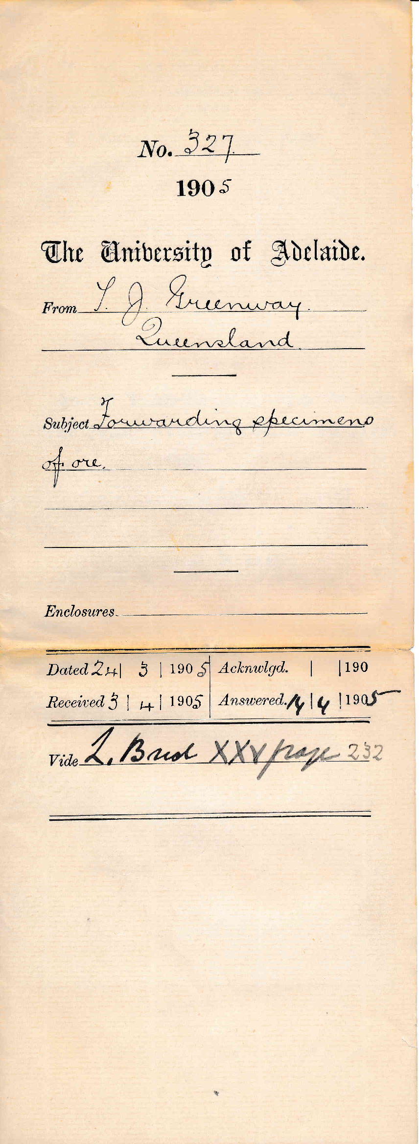 Forwarding Specimens of Ore