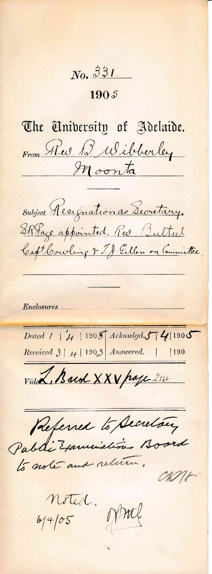 Resignation as Secretary - S R Page appointed - Reverend Bulteel Captain Cowling and T J Gillen on Committee