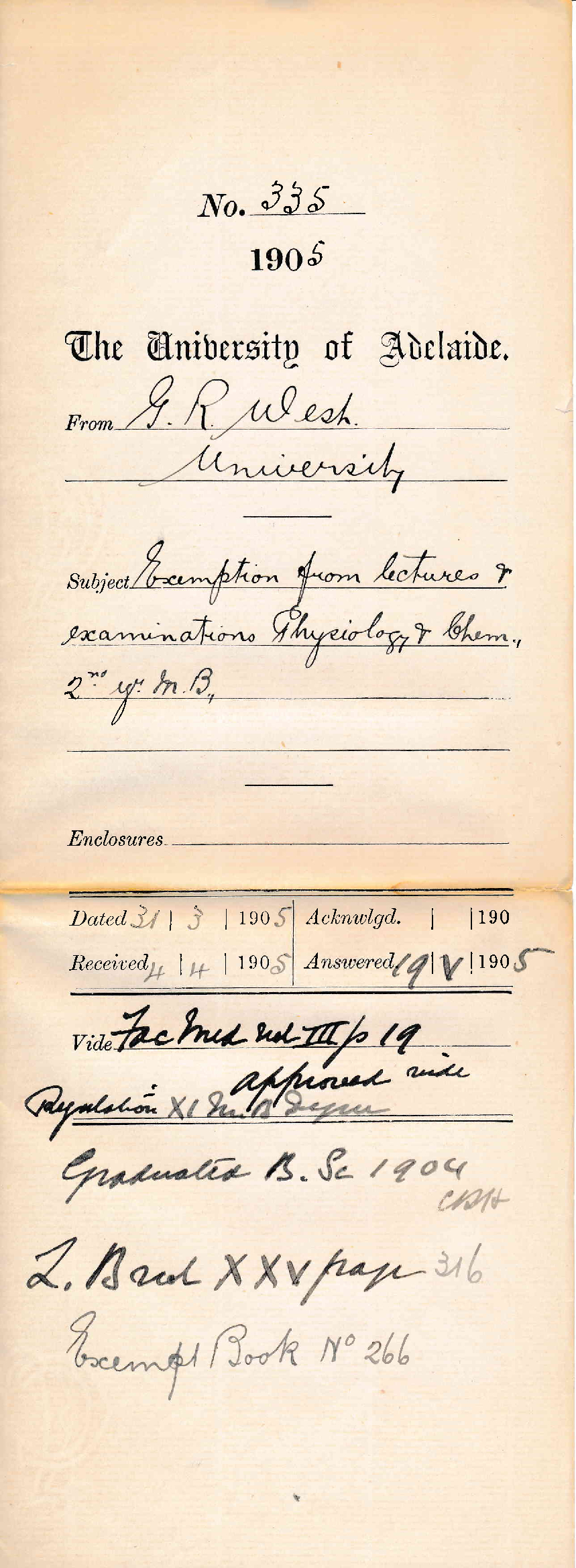 Exemption from Lectures and Examinations Physiology and Chemistry 2nd year MB