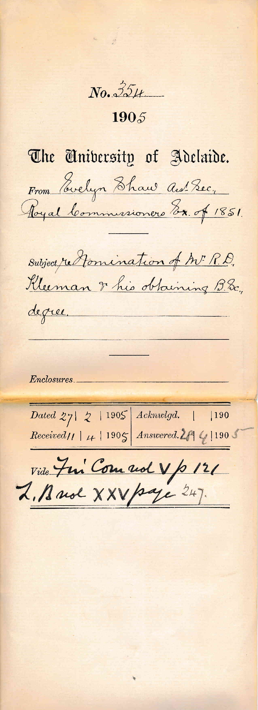 Nomination of Mr Richard Daniel Kleeman and his obtaining BSc degree