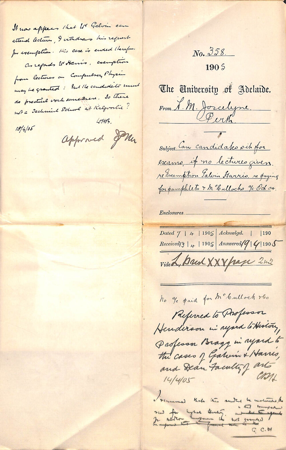 Can Candidates sit for Exams if no lectures given - exemption Galvin Harris - re Paying for pamphlets - McCullochs account October 1904