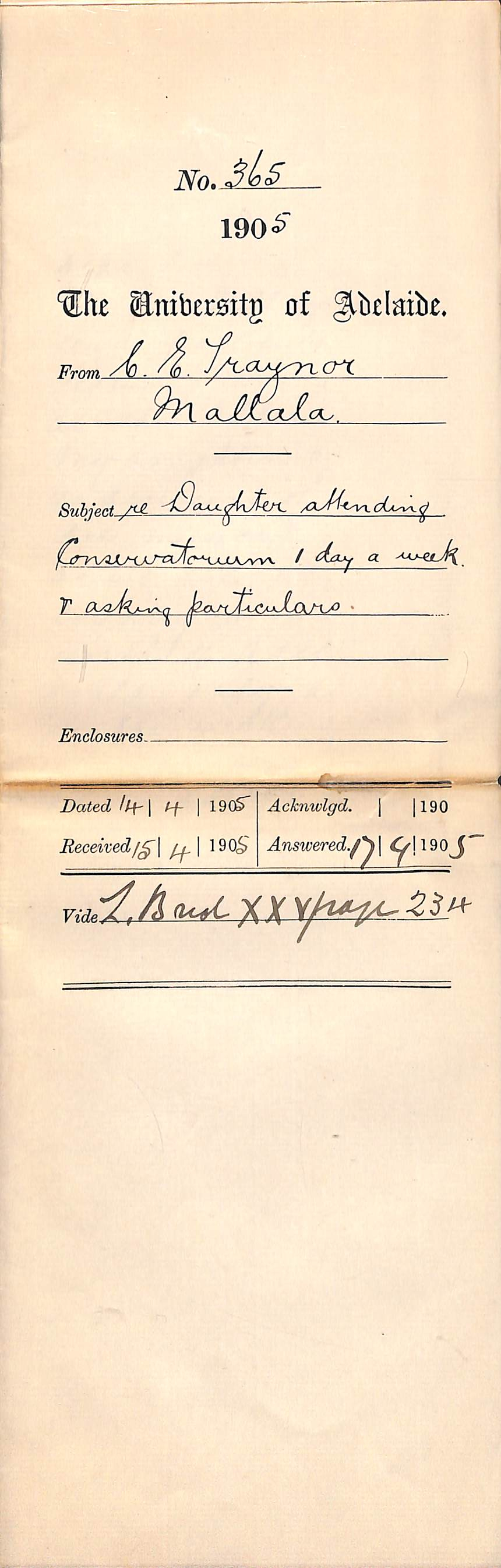 Re Daughter attending Conservatorium 1 day a week and asking particulars