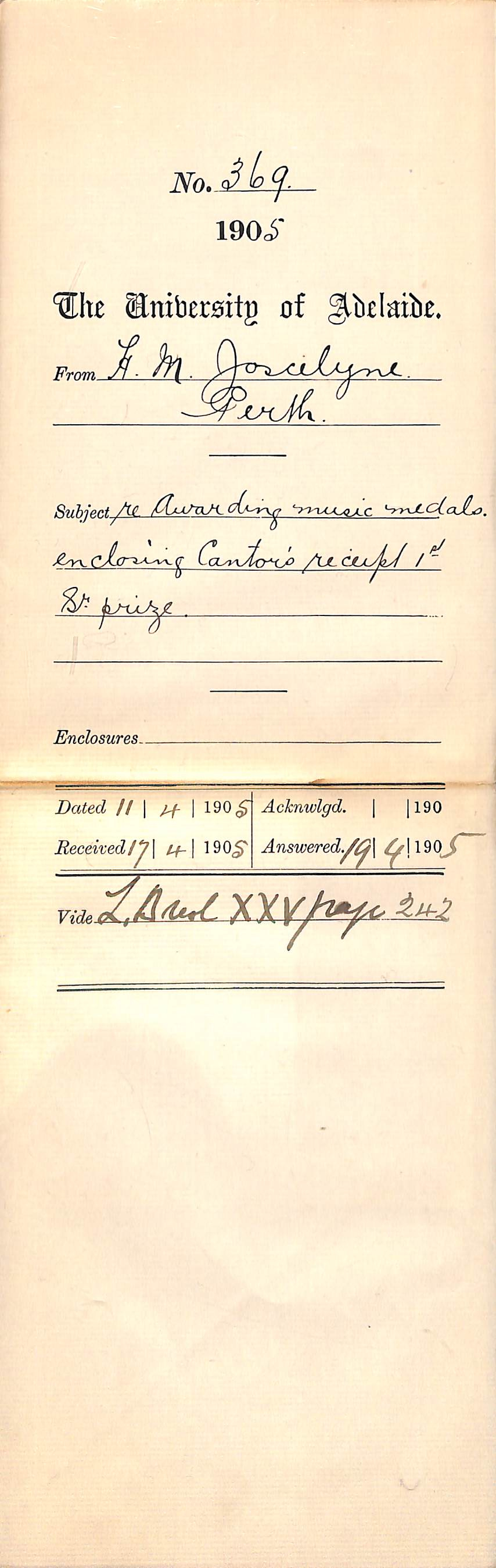 Re Awarding Music Medals Enclosing Cantors receipt 1st Senior Prize