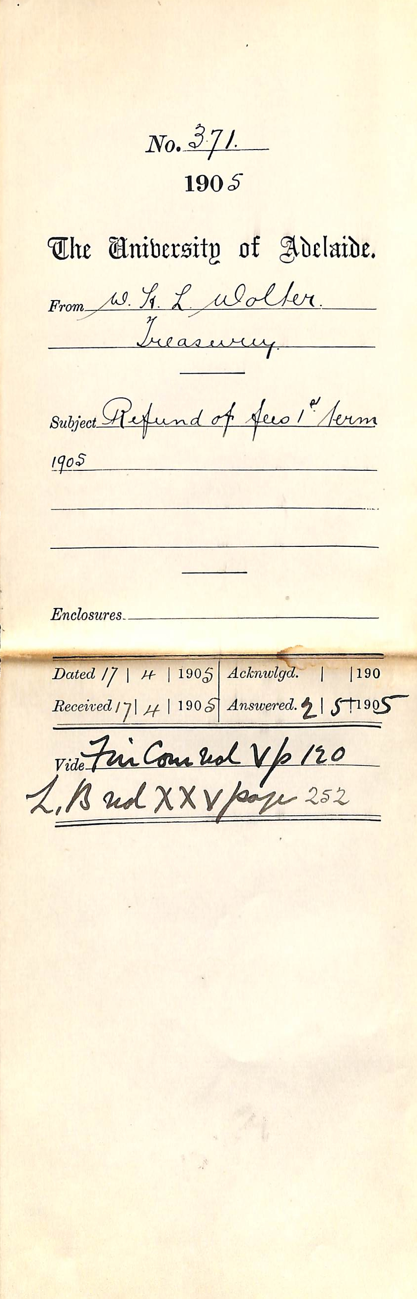 Refund of fees 1st Term 1905