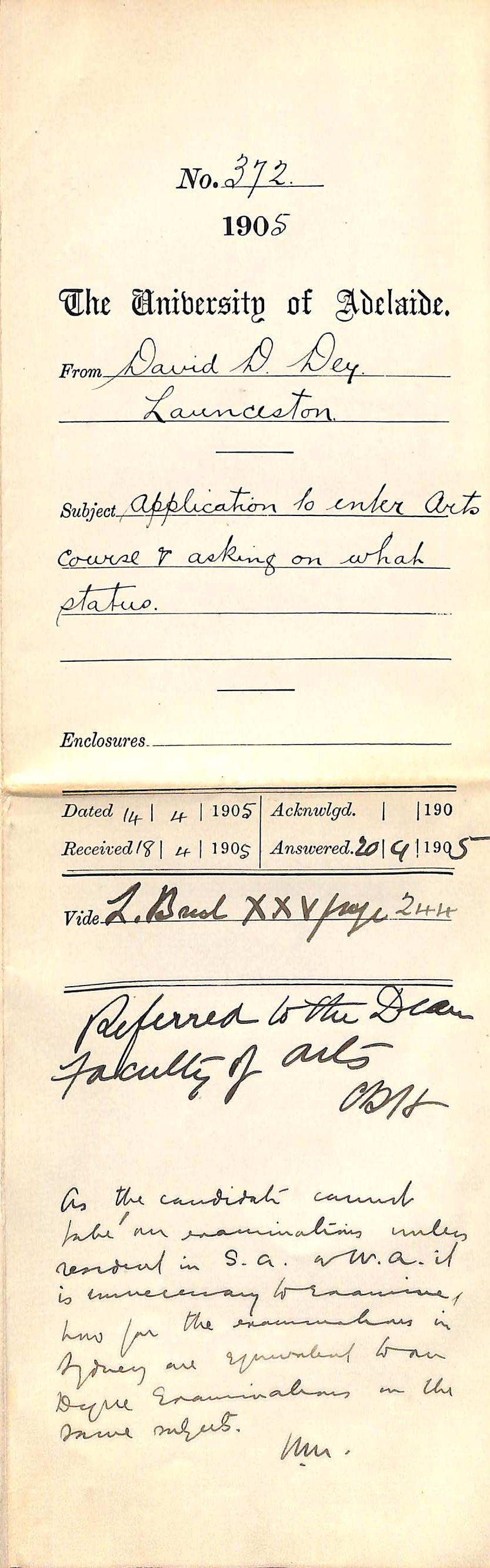 Application to Enter Arts Course and asking on what status