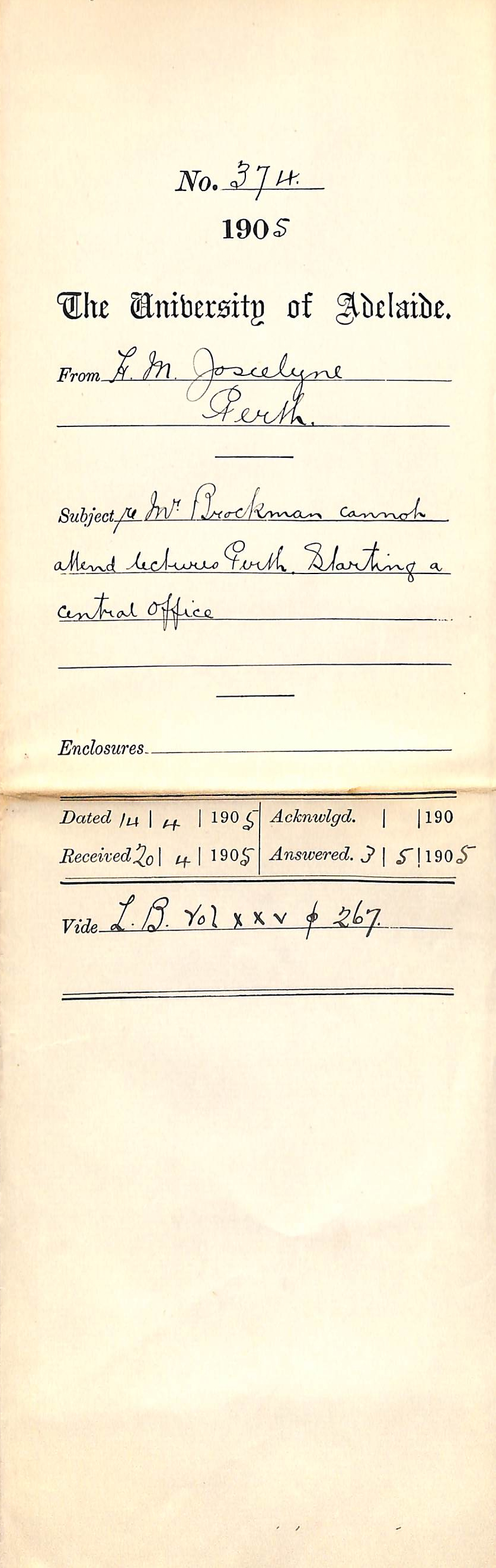 Mr Brockman cannot attend lectures Perth Starting a Central Office