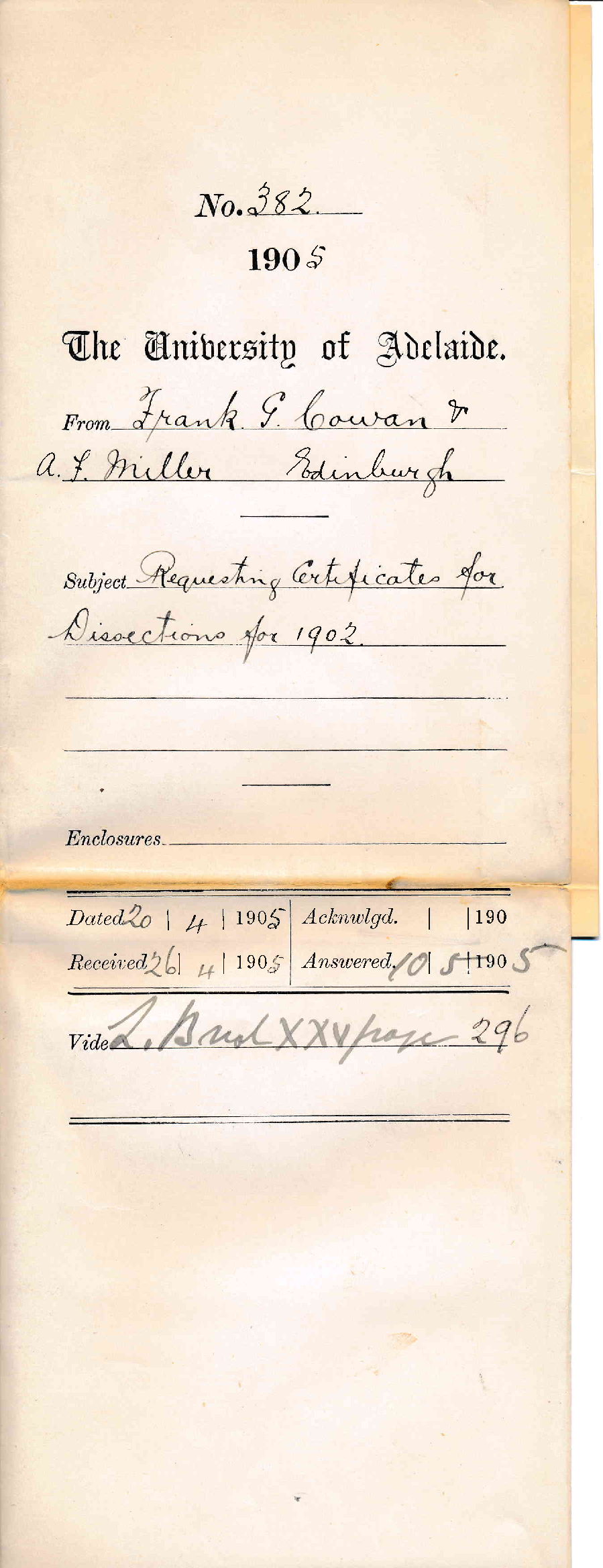 Requesting Certificates for Dissections for 1902