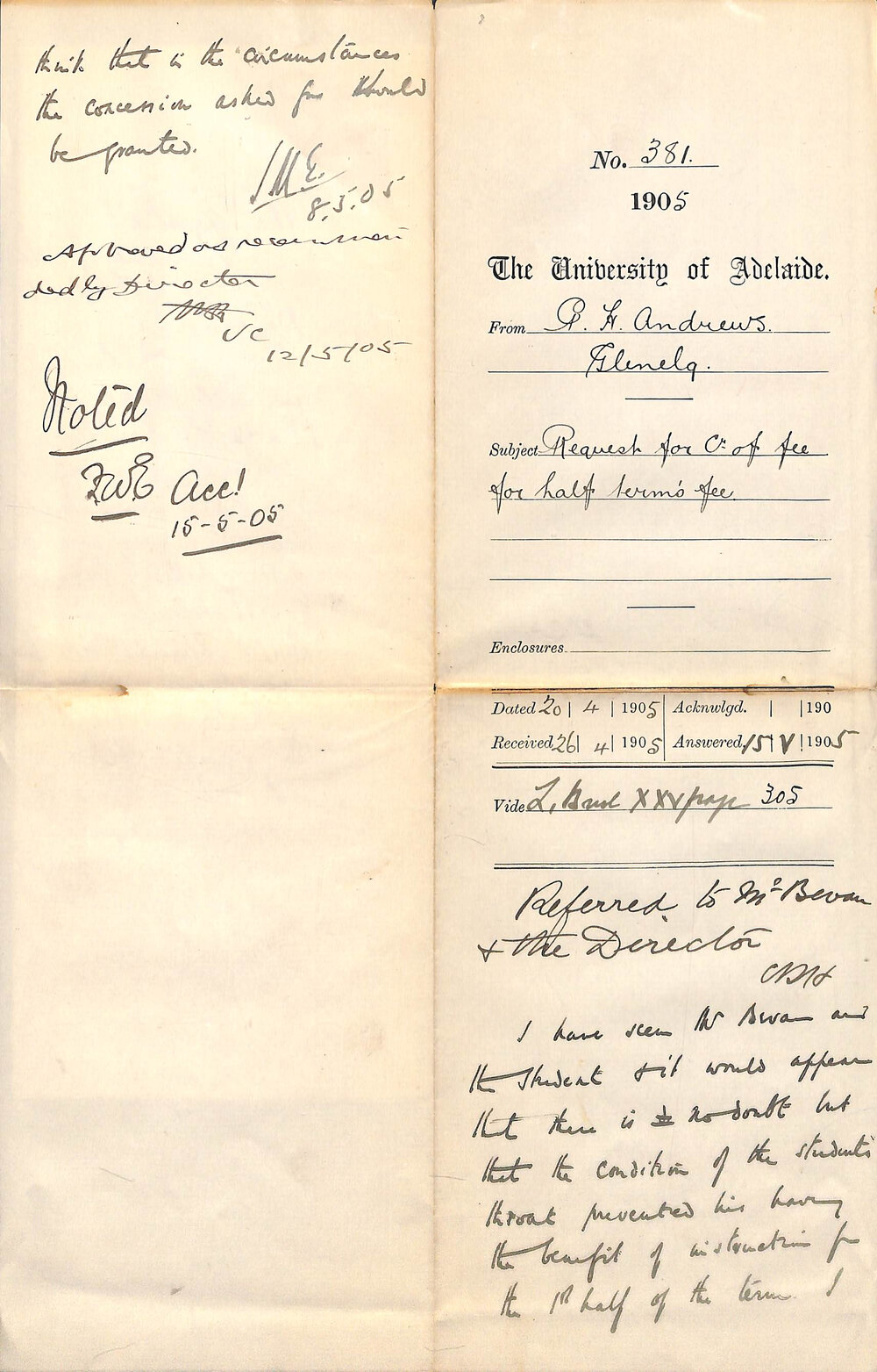 Request for Credit of Fee for Half Terms fee