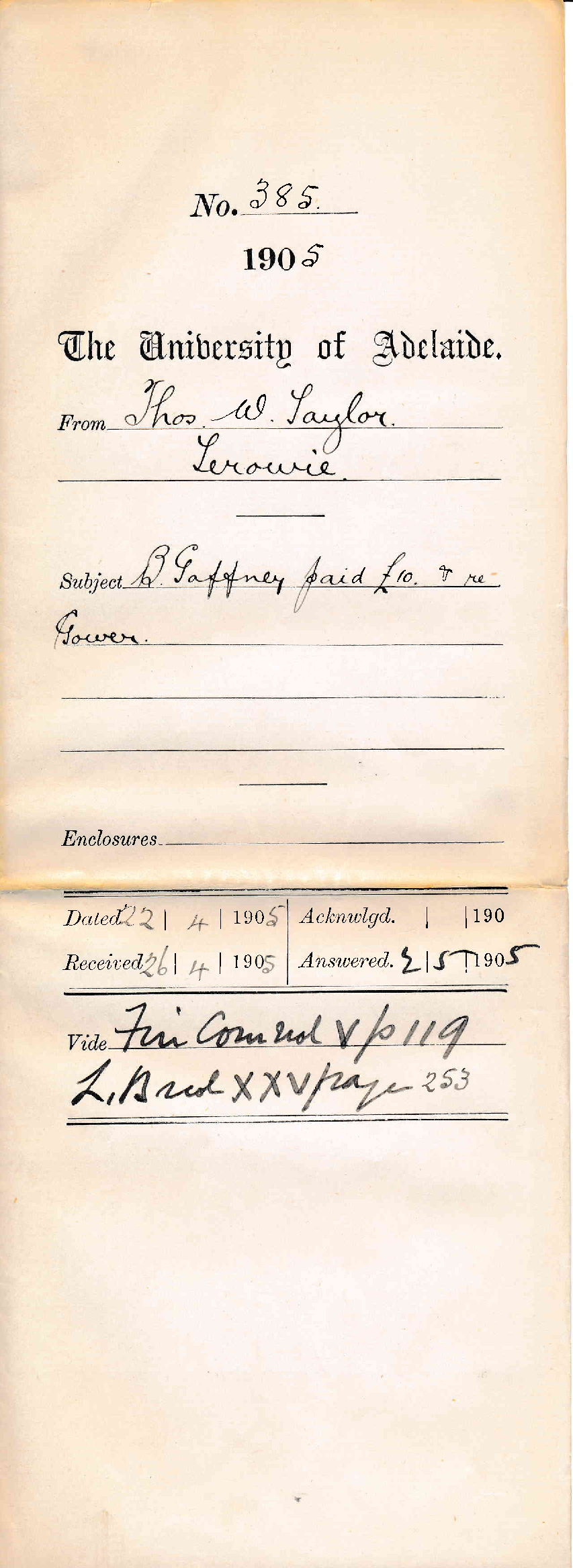 B Gaffney paid 10 pounds and re Gower