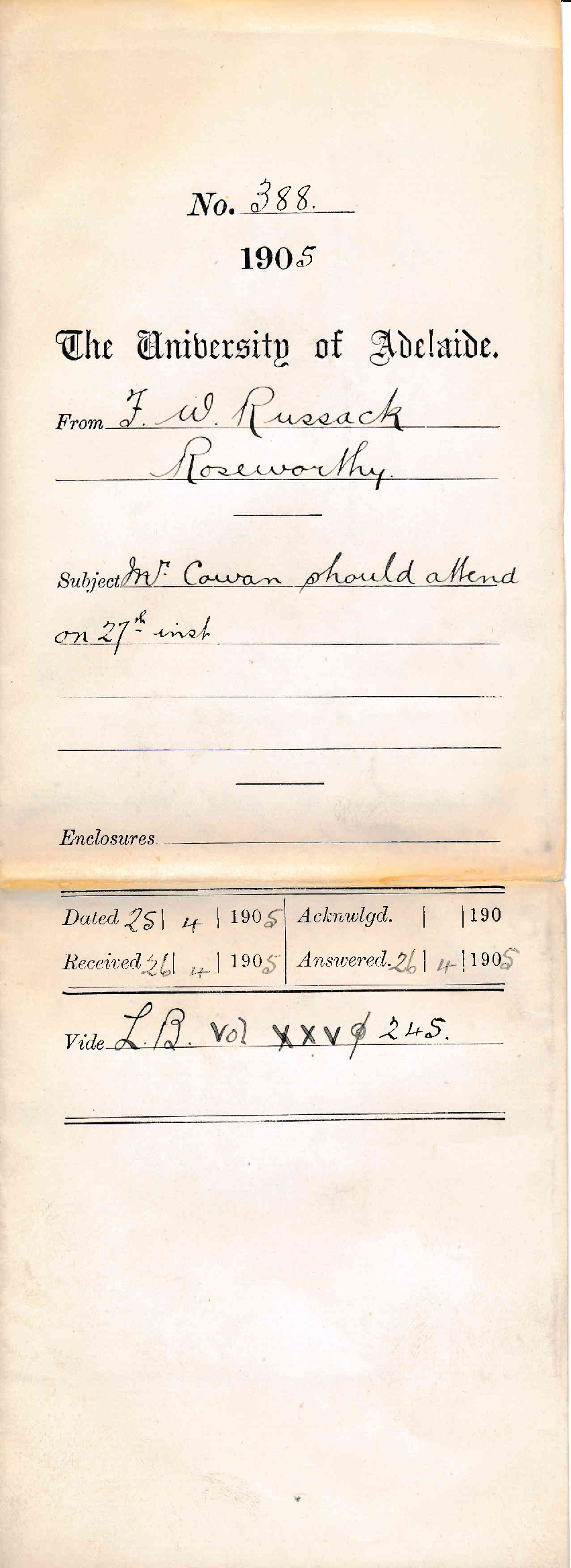 Mr Cowan should attend on 27th instant