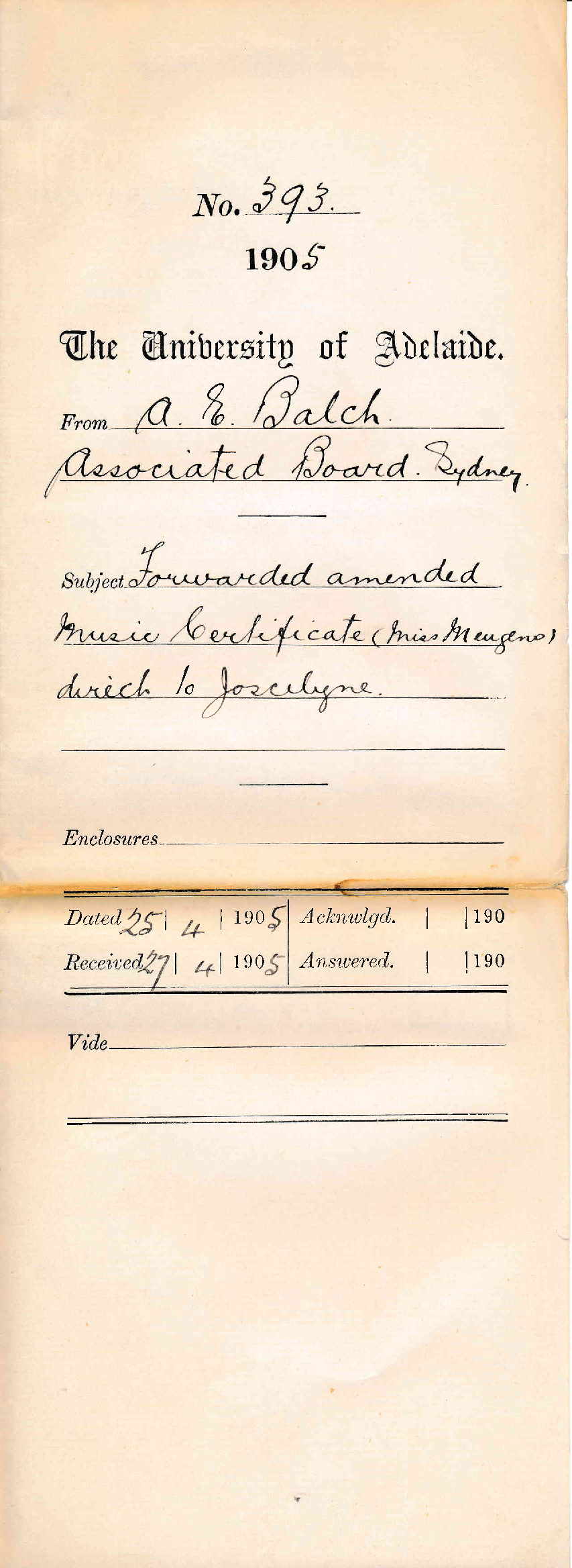 Forwarded amended Music Certificate Miss Meugens direct to Joscelyne