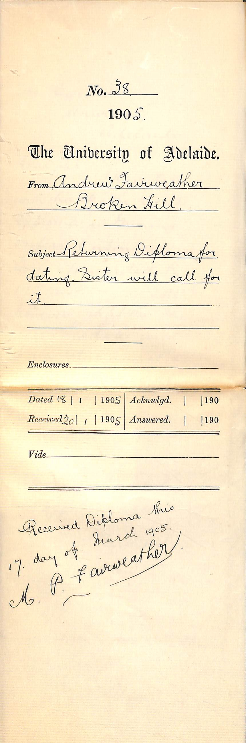 Returning Diploma for dating - Sister Mary P Fairweather will call for it