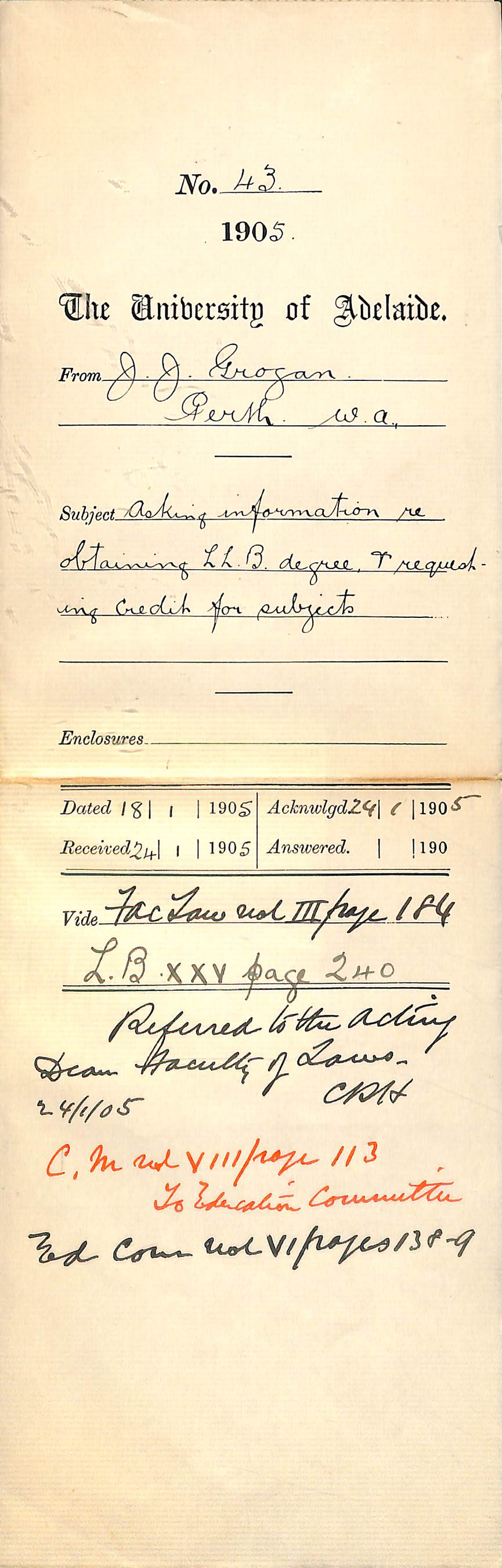 Asking information re obtaining L L B degree and requesting credit for subjects