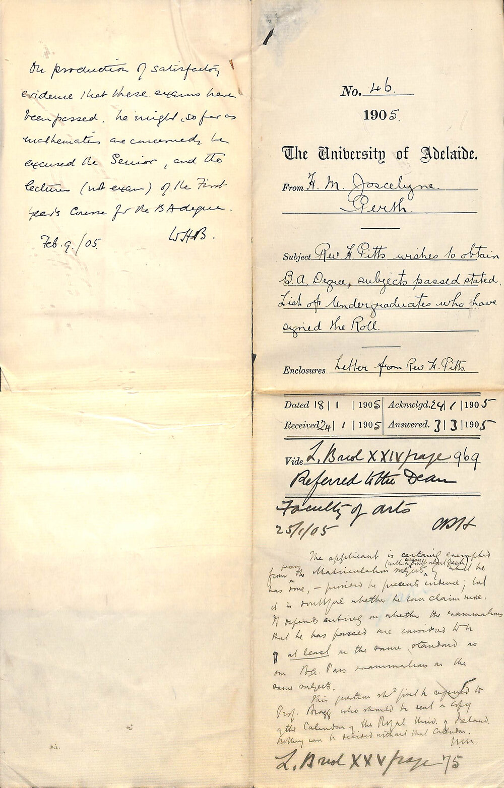 Reverend H Pitts wishes to obtain BA Degree subjects passed stated - List of Undergraduates who have signed the Roll