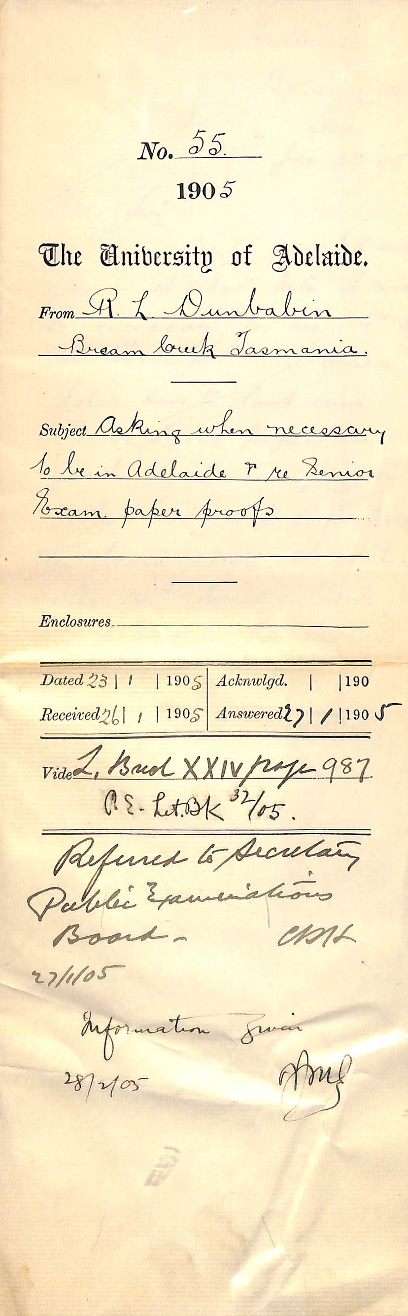 Asking when he should be in Adelaide - re Senior Exam papers proofs