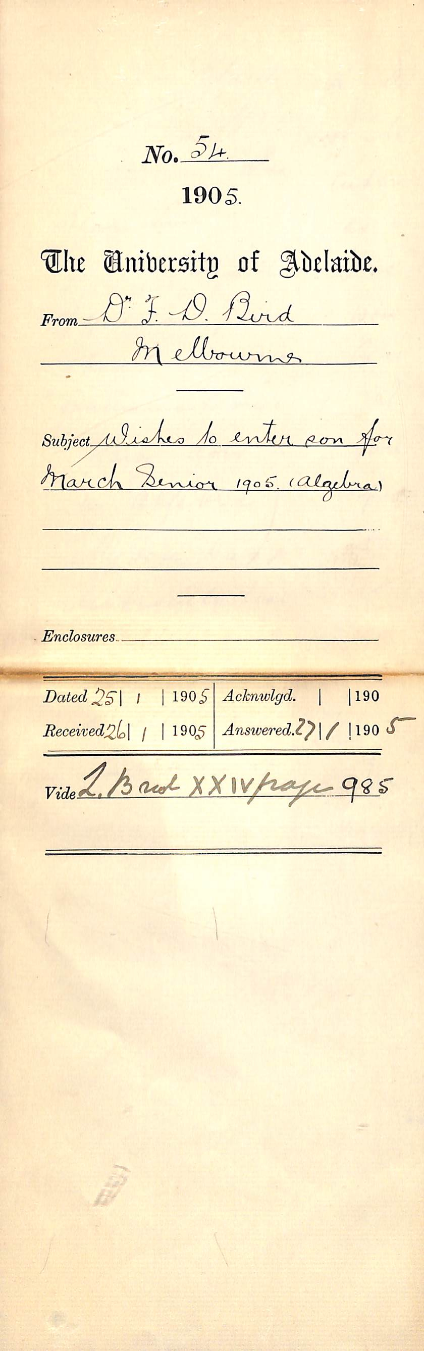 Wishes to enter son for March Senior 1905 - Algebra