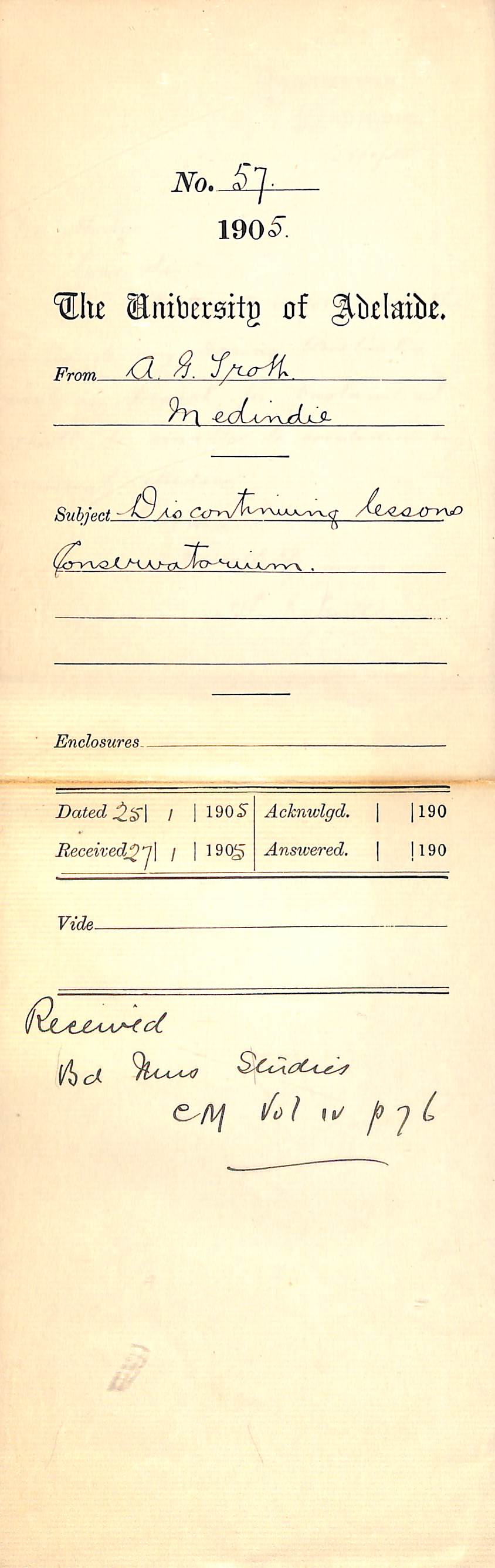 Discontinuing lessons at the Conservatorium - Trott