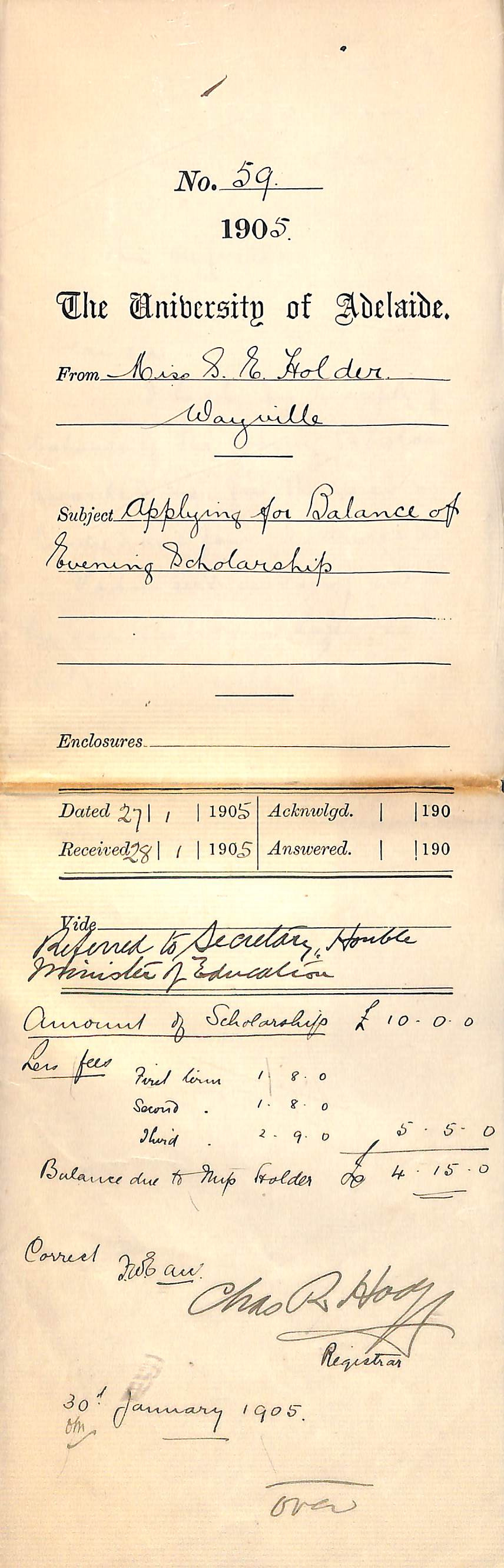 Applying for balance of Evening Scholarship - Holder