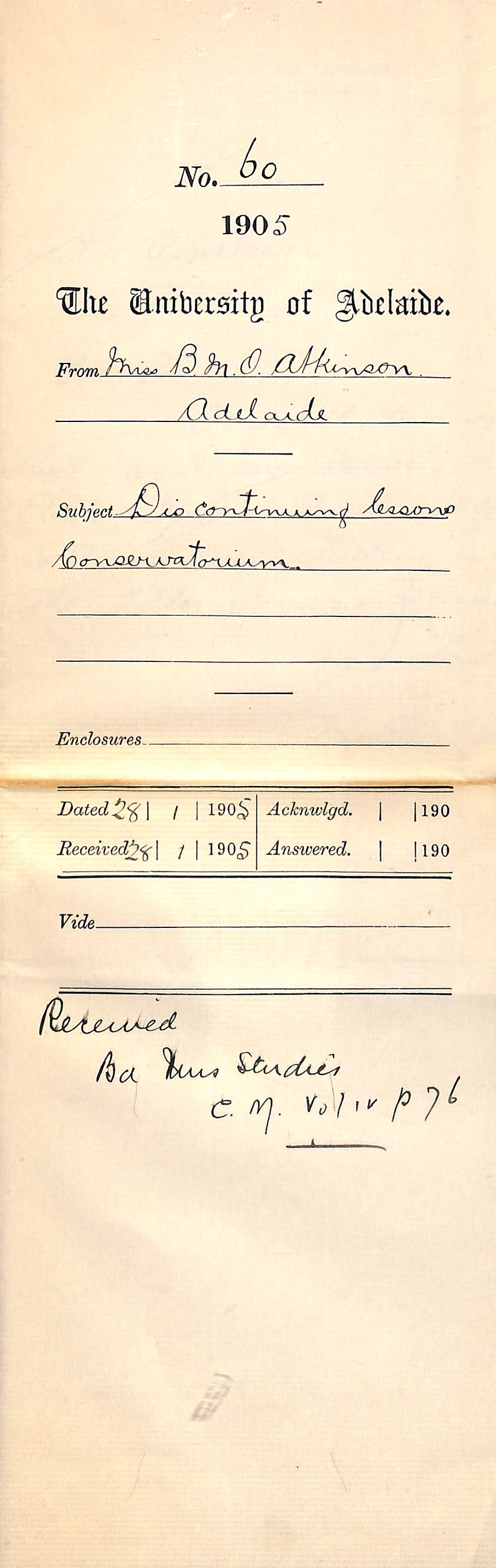 Discontinuing lessons at the Conservatorium - Atkinson