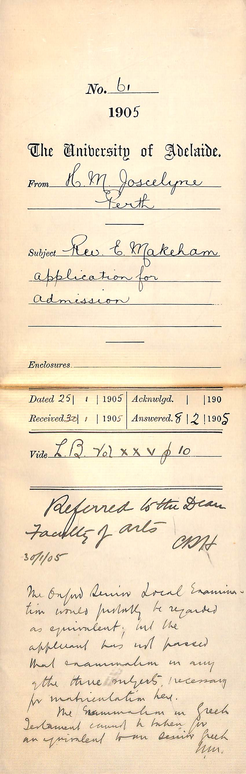 Rev Edward Makeham application for admission