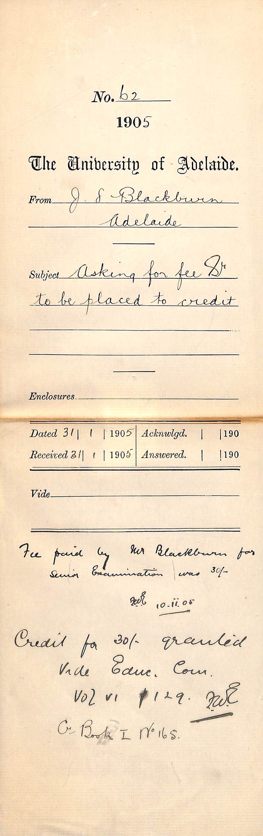 Asking for fee for Senior Examination to be placed to credit