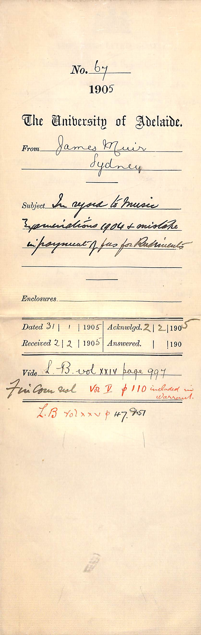 In regards to Music Examinations - 1904 - Mistake in payment of fees for Rudiments