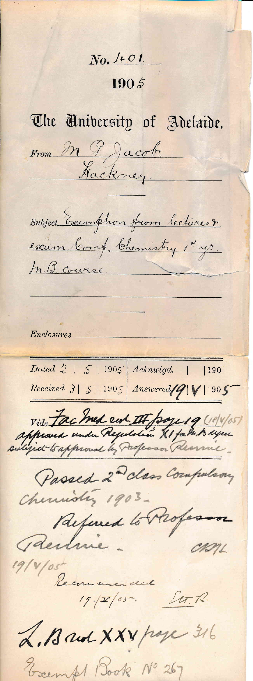 Exemption from Lectures and Exam Compulsory Chemistry 1st Year MB Course