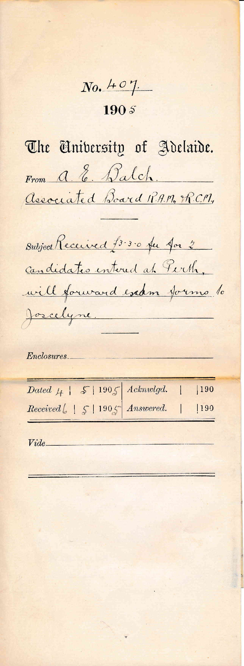 Received 3-3-0 pounds fee for 2 candidates entered at Perth Will forward Exam