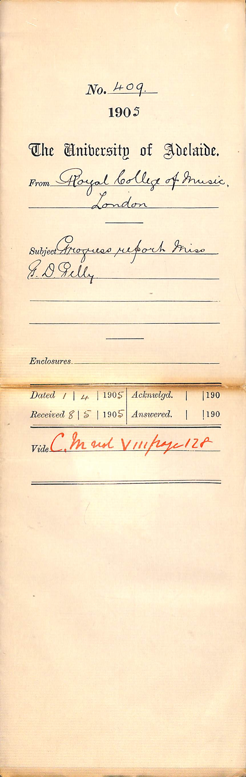 Progress Report Miss G D Pelly