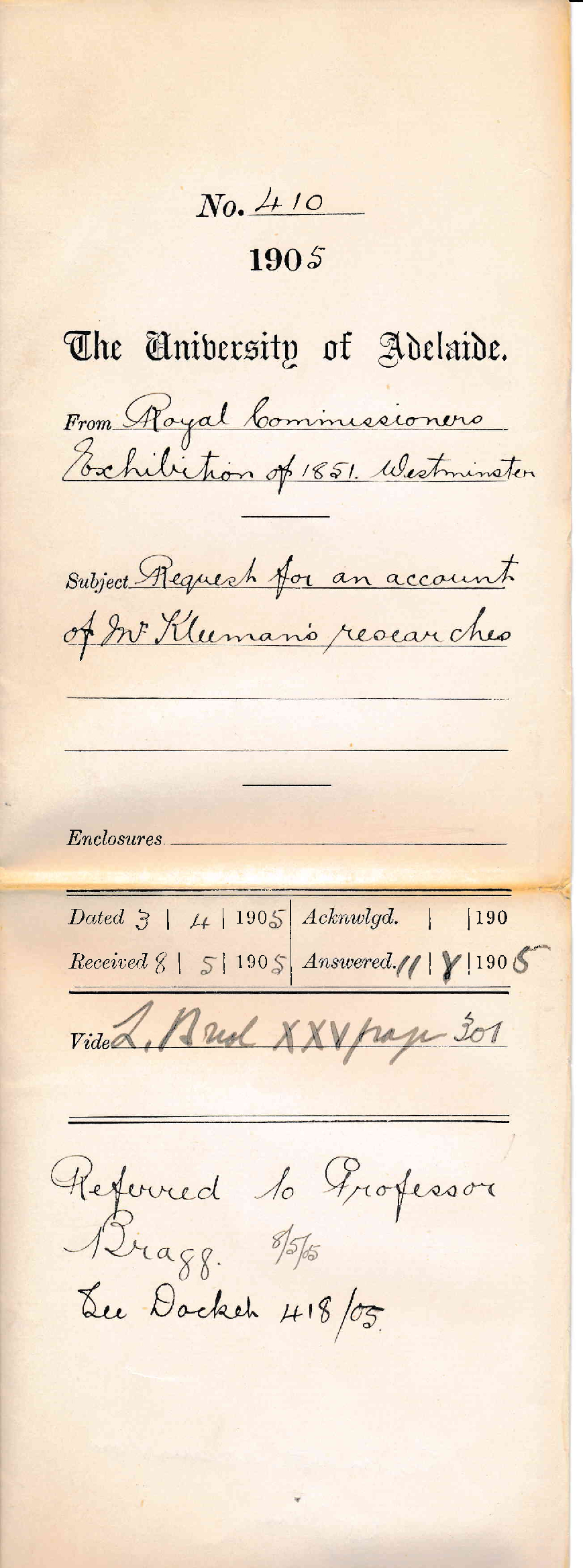 Request for an Account of Mr Kleemans Researches