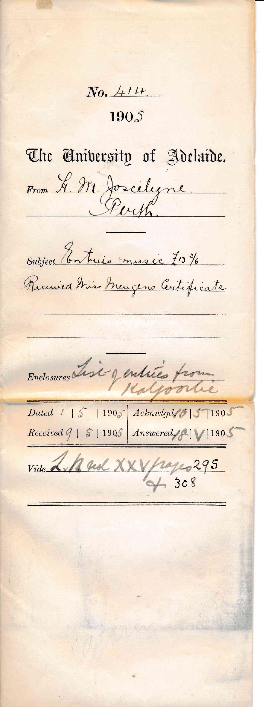 Entries Music 13-2-6 pounds Received Miss Meugens Certificate