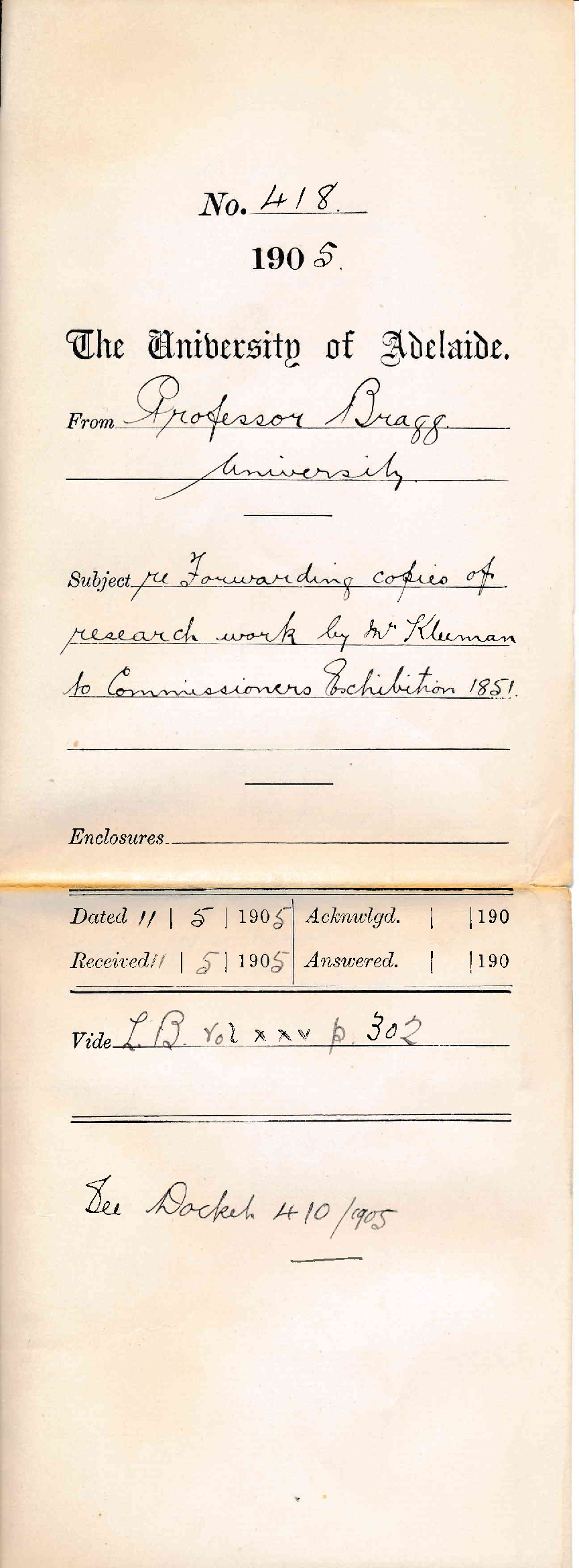 Forwarding copies of Research Work by Mr Kleeman to Commissioners Exhibition 1851