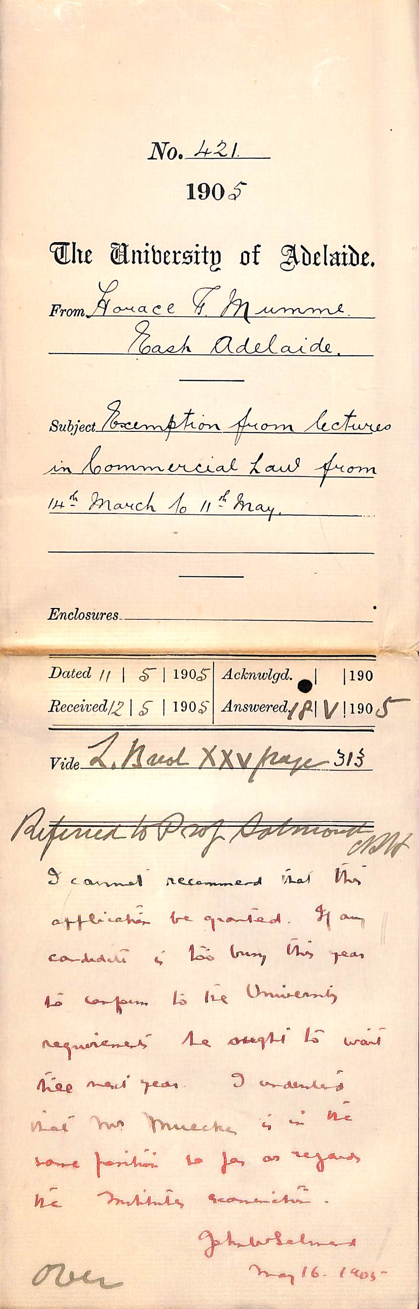 Exemption from lectures in Commercial Law from 14th March to 11th May